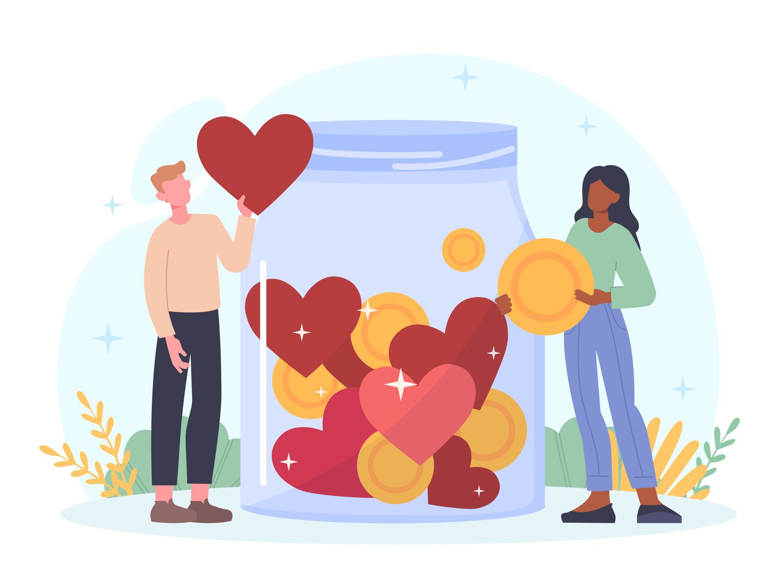 Two people filling a jar with hearts and coins