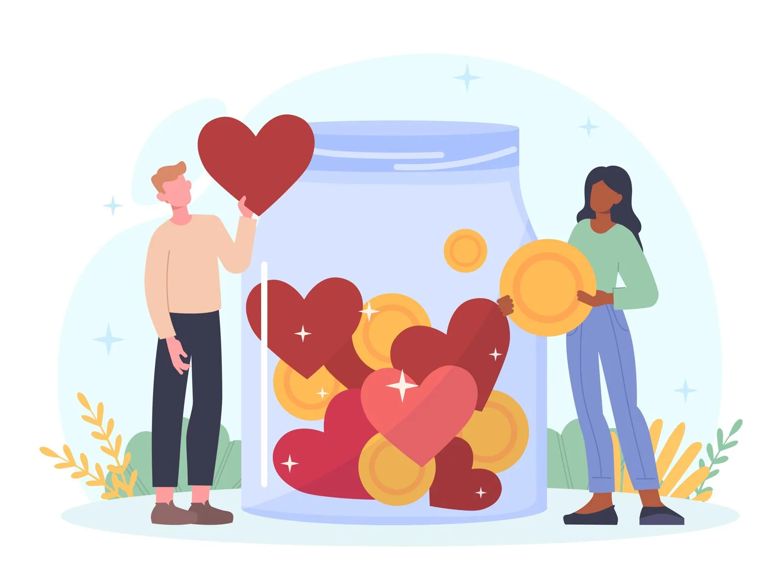Two people filling a jar with hearts and coins