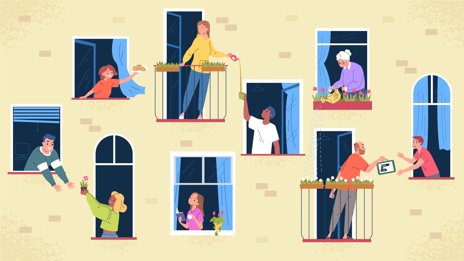 Neighbors helping neighbors — people sharing with one another from their windows
