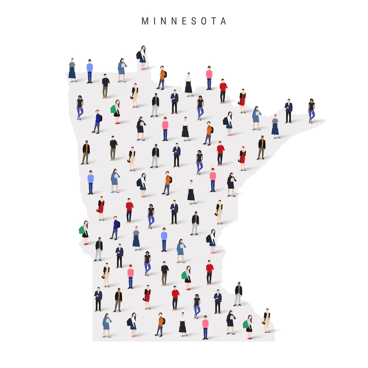 Illustrated map of Minnesota filled with a diverse crowd of people, representing patients served statewide through RoundtableRx's dispensing partner network